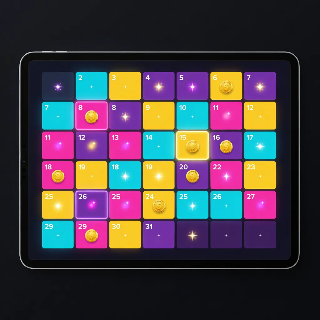 A digital planning calendar with highlighted dates marked for casino promotions and online gaming events, with bonus notification icons