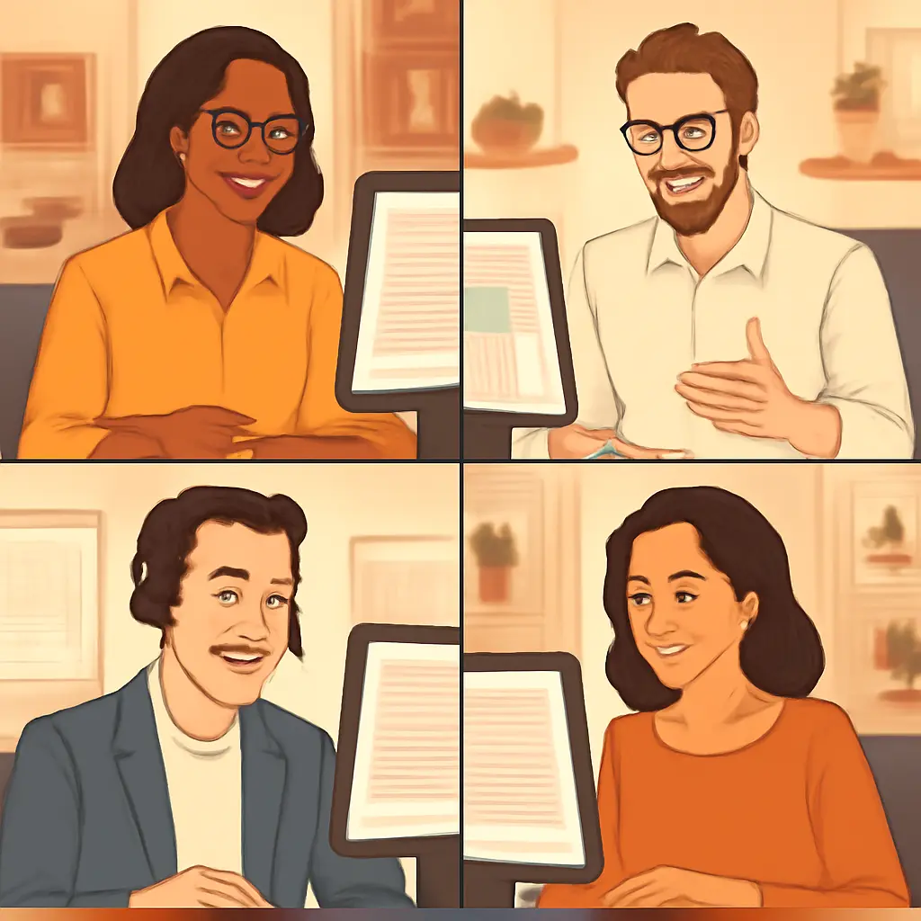 Remote editorial team members collaborating on virtual event coverage through video conference and shared documents