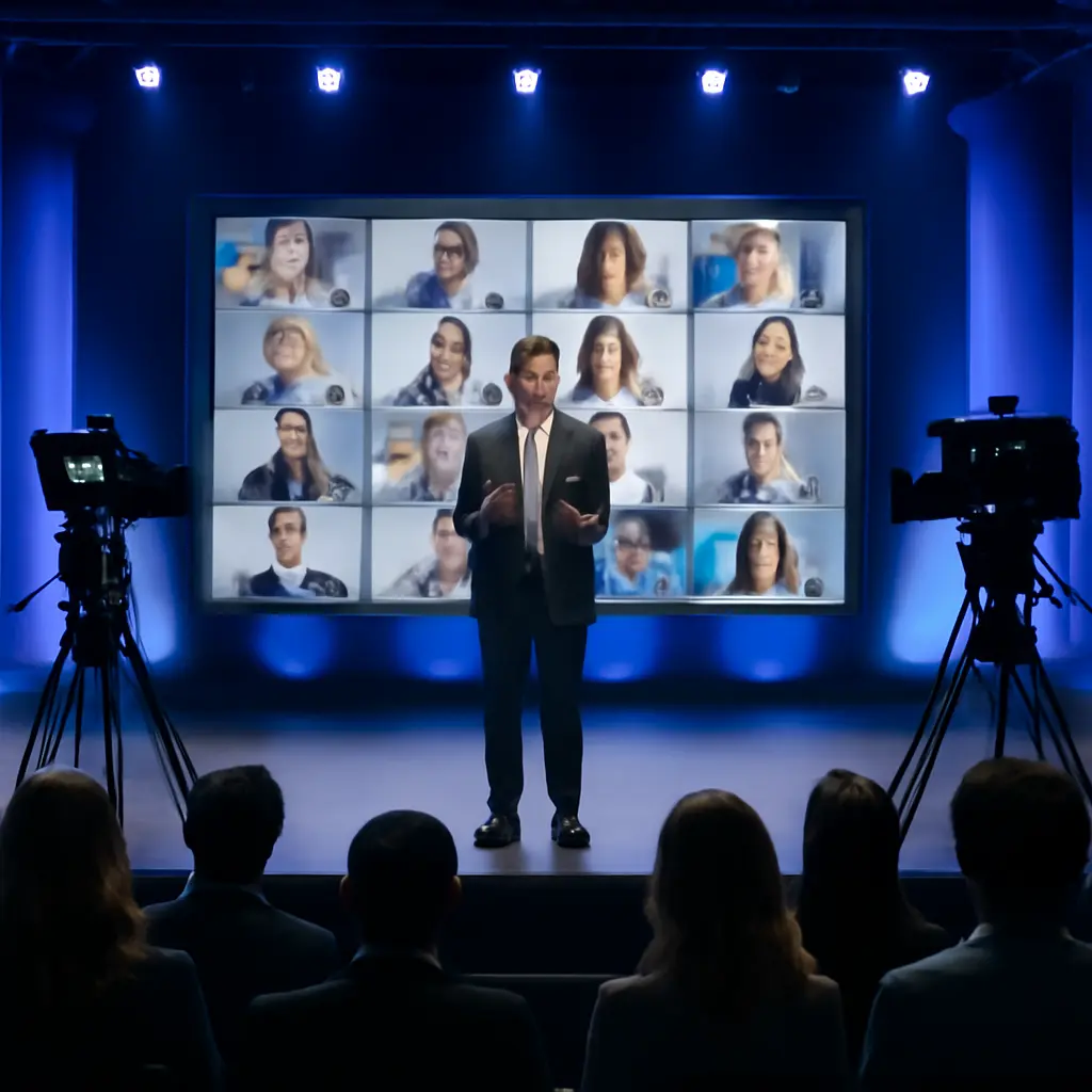 Hybrid stage and streaming Photograph-style image of a hybrid event stage with livestream equipment and a seated online audience