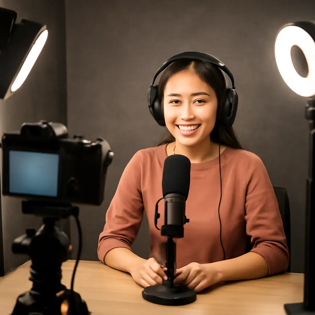 Live stream studio setup Streamer setting up a multi-camera live stream with lighting and laptop