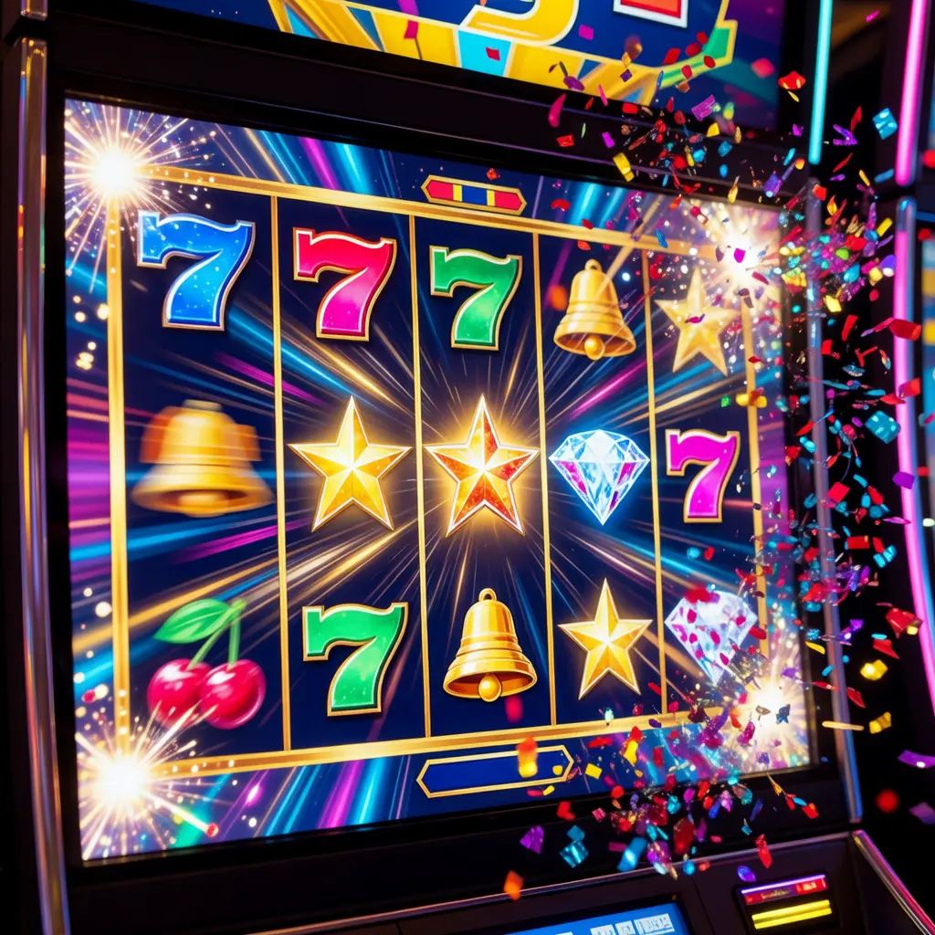 A glowing casino slot machine screen showing a new game launch with colorful reels spinning and a free spins bonus symbol triggered