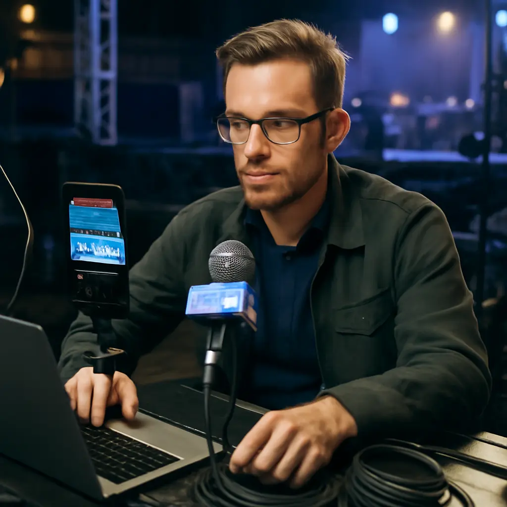 Reporter livestreaming at event A reporter using a laptop and smartphone to livestream from an event venue