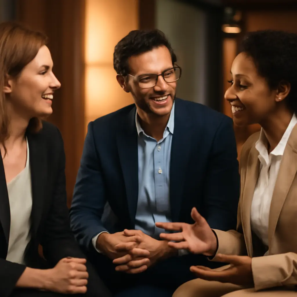 Three attendees in a focused virtual breakout discussing over video