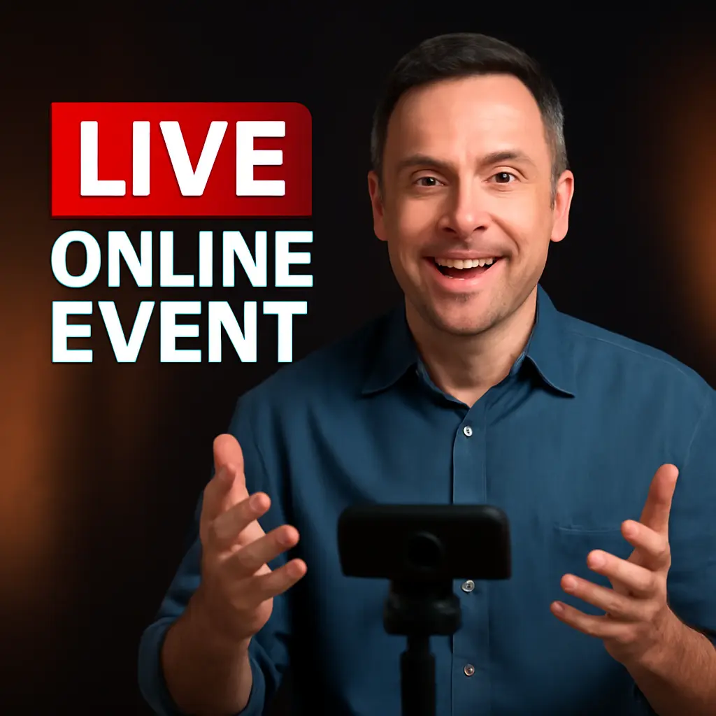 Event host presenting to camera with promotional overlay