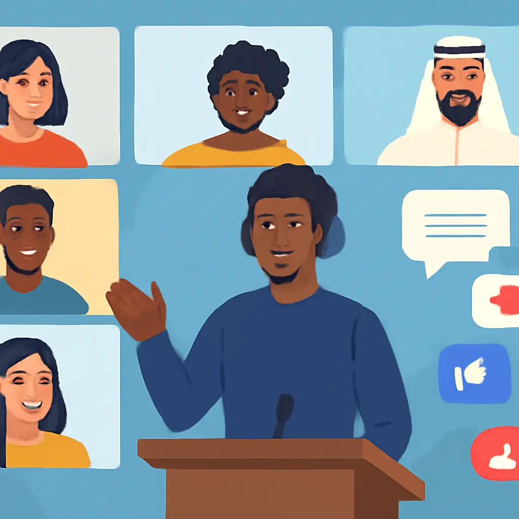 Virtual conference montage Diverse attendees interacting in a virtual conference environment