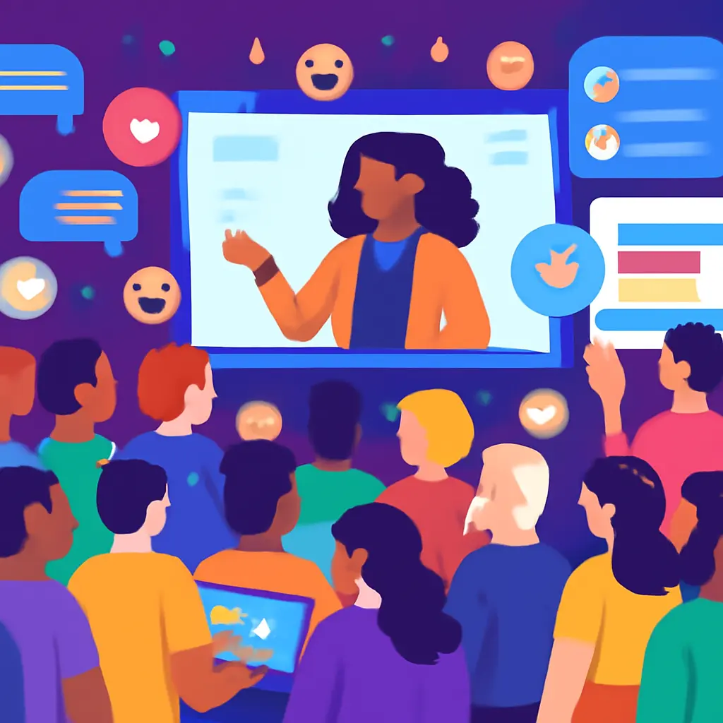 Virtual event audience interacting Audience interacting during a live virtual event with chat and polls visible