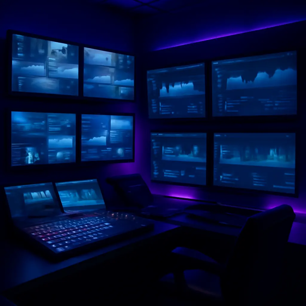 A modern virtual event production setup with multiple monitors displaying live streams and analytics dashboards