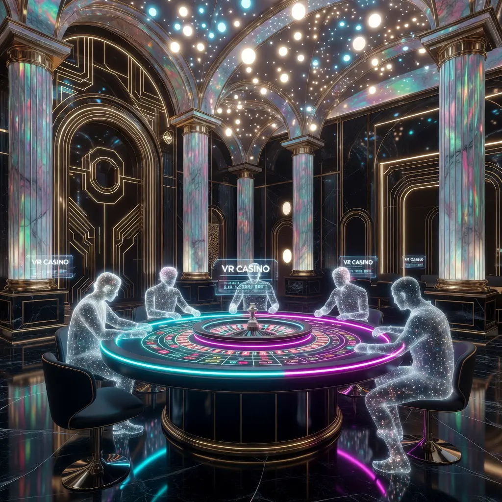 Immersive virtual reality casino environment with 3D roulette table and digital avatar players rendered in high quality for online gaming