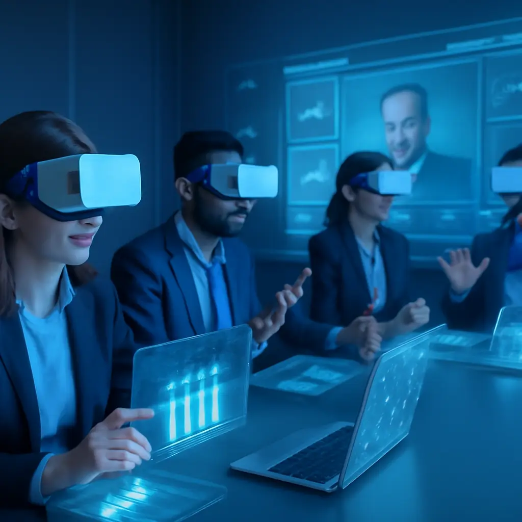 Virtual reality conference Attendees using VR headsets at an online conference
